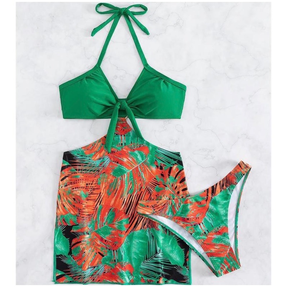 SHEIN‎ Women's Tropical Bikini Set with Skirt – Green – Size Medium – NWOT